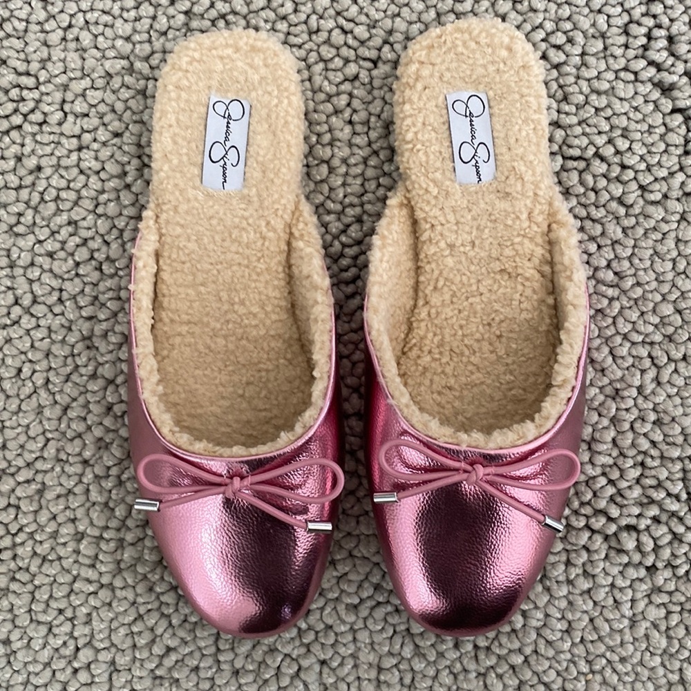 Jessica Simpson pink metallic slippers fur lined
